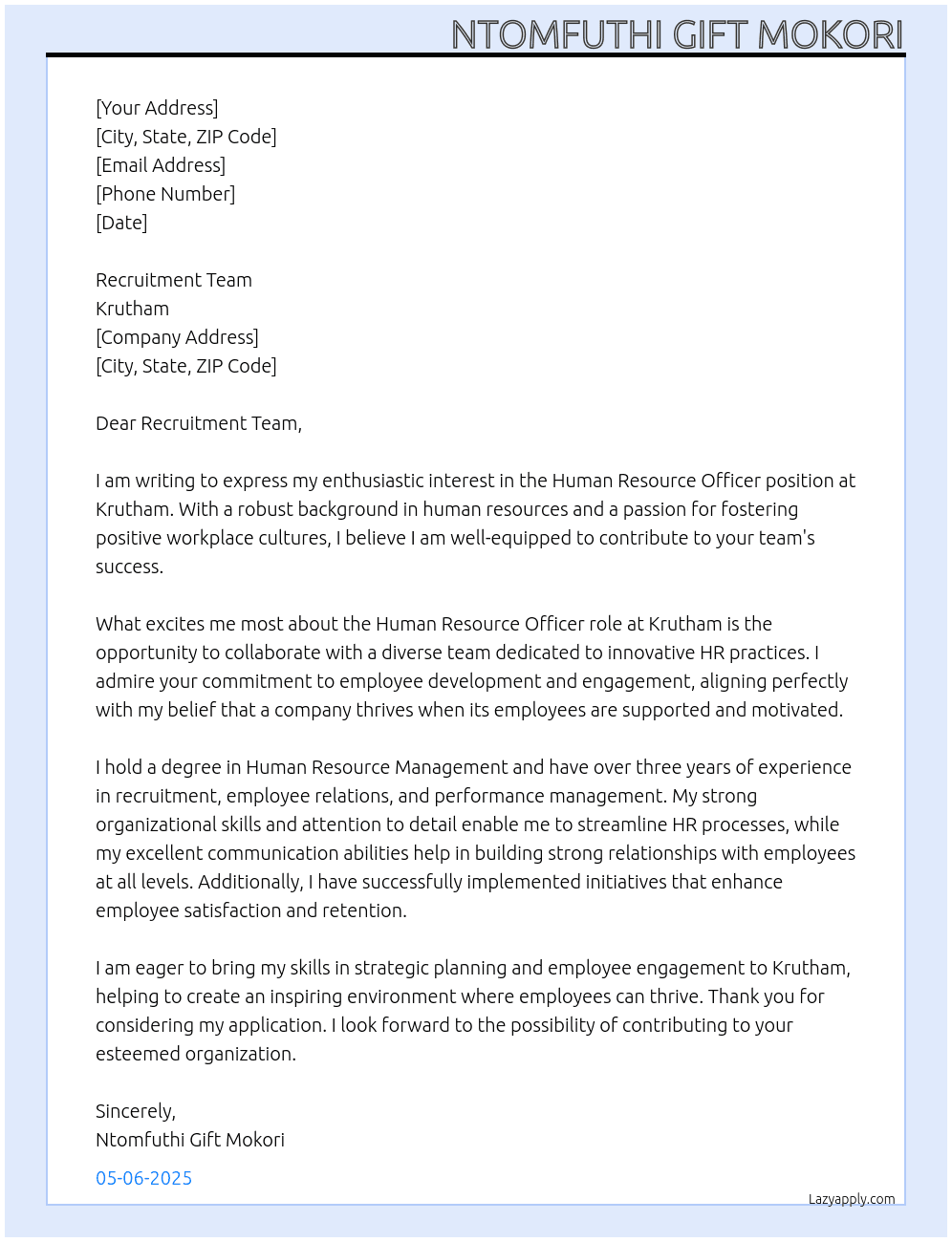 Human resource officer At Krutham Cover Letter