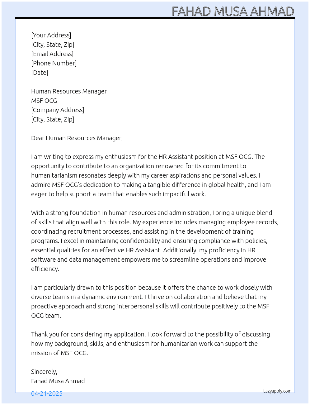 HR Assistant At MSF OCG Cover Letter