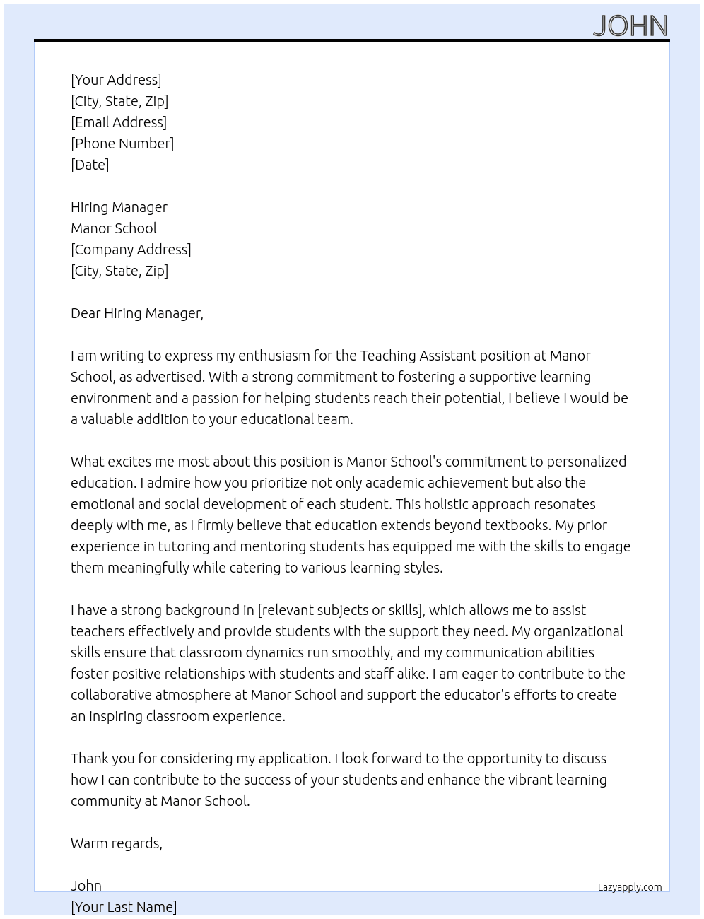 Teaching Assistant At Manor school  Cover Letter