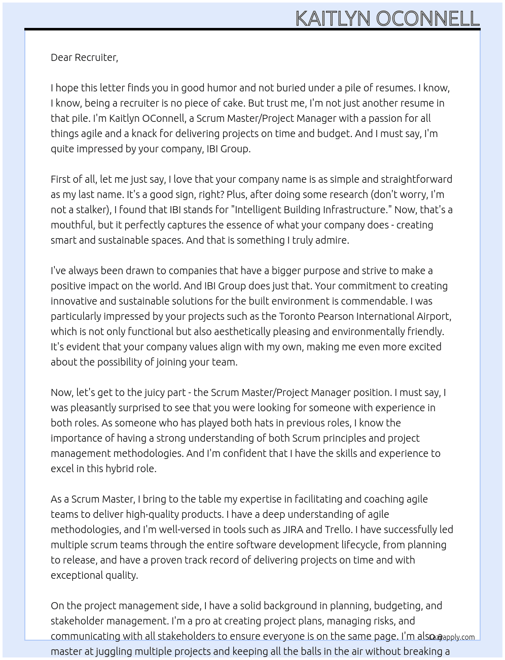 Scrum Master/ Project Manager At IBI Group Cover Letter