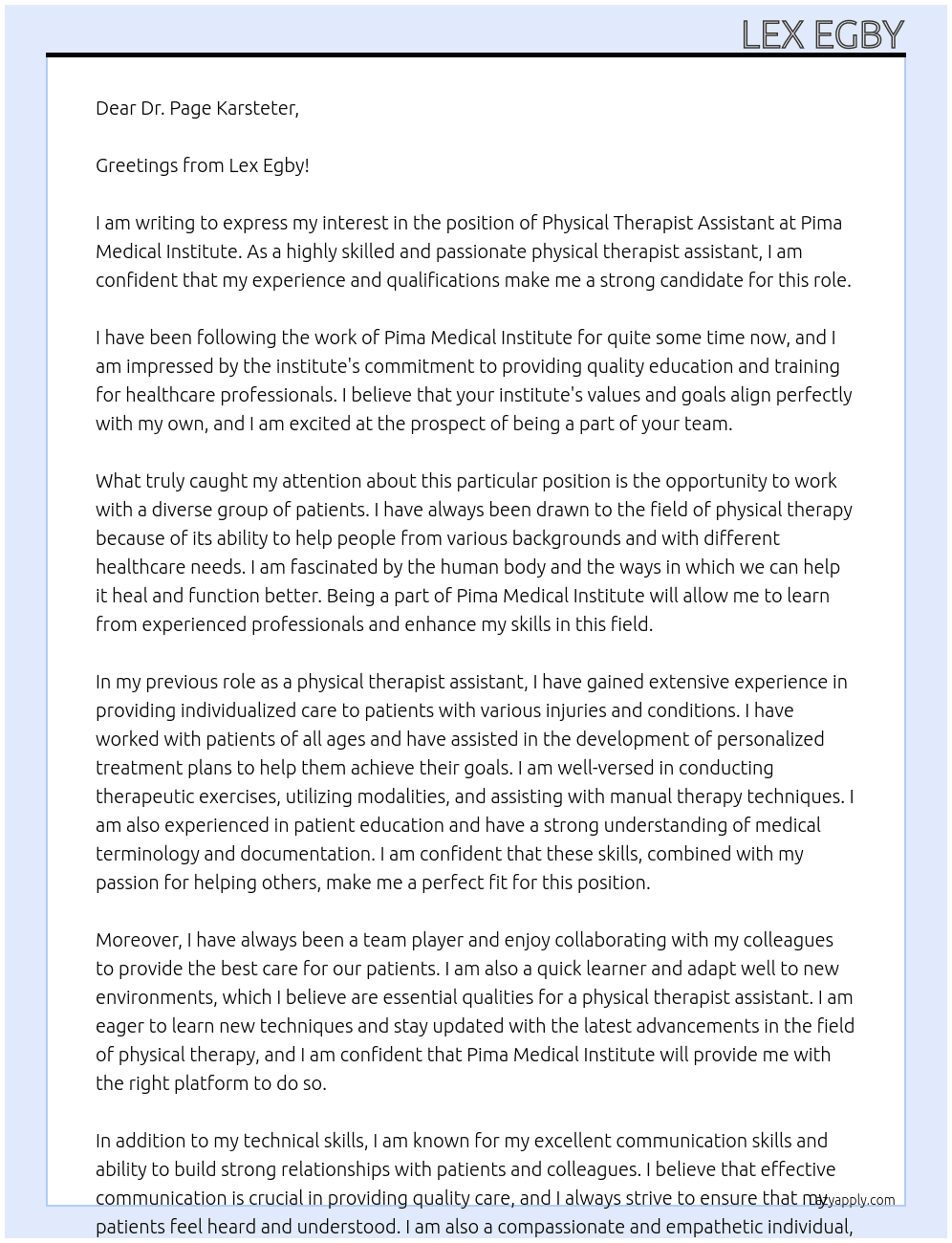 Physical Therapist Assistant  At Pima Medical Institute   Cover Letter