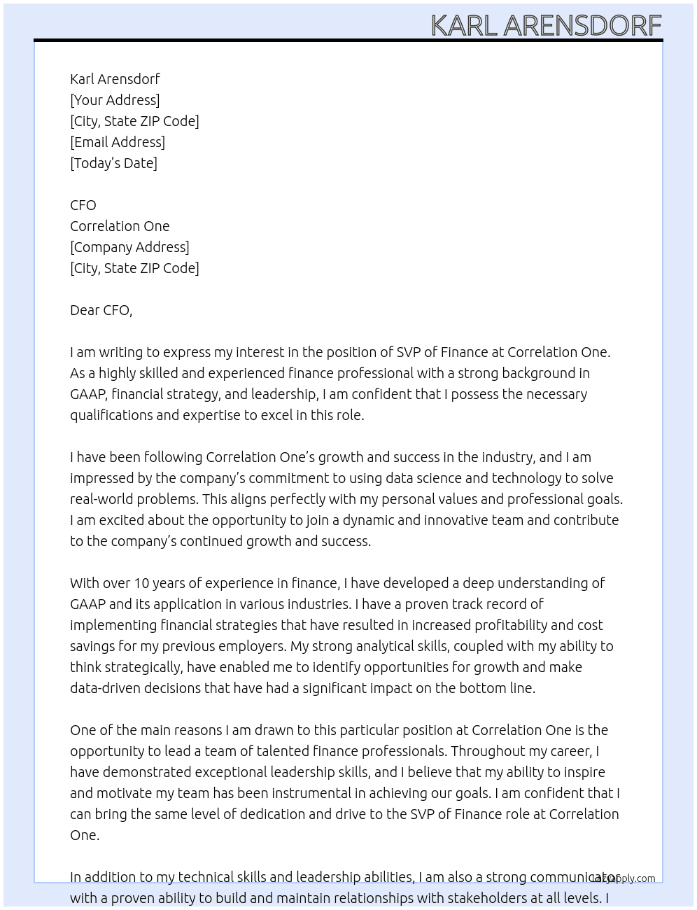 SVP of Finance At Correlation One Cover Letter