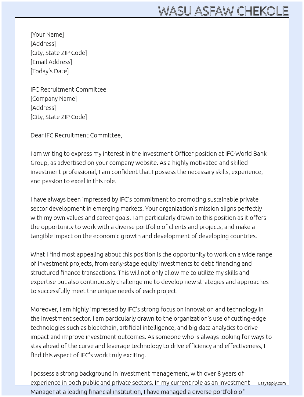 Investment Officer At IFC-World Bank Group Cover Letter