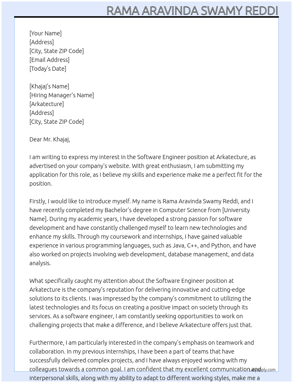 Software Engineer At Arkatecture Cover Letter