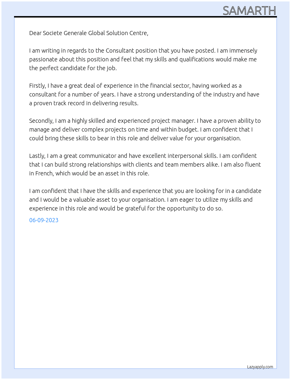Consultant At Societe Generale Global Solution Centre Cover Letter