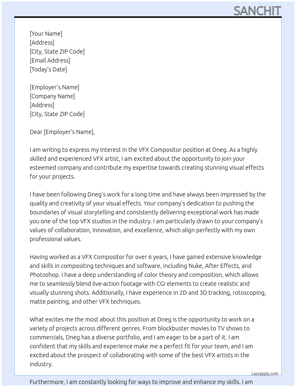 VFX compositor At Dneg Cover Letter