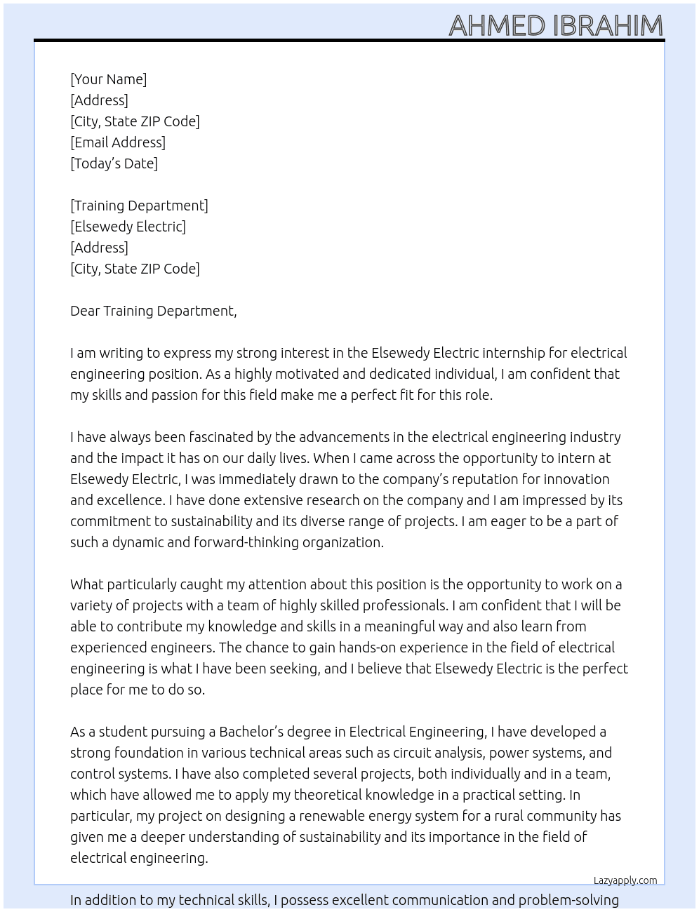 elsewedy electric internship for electrical engineering At elsewedy electric  Cover Letter