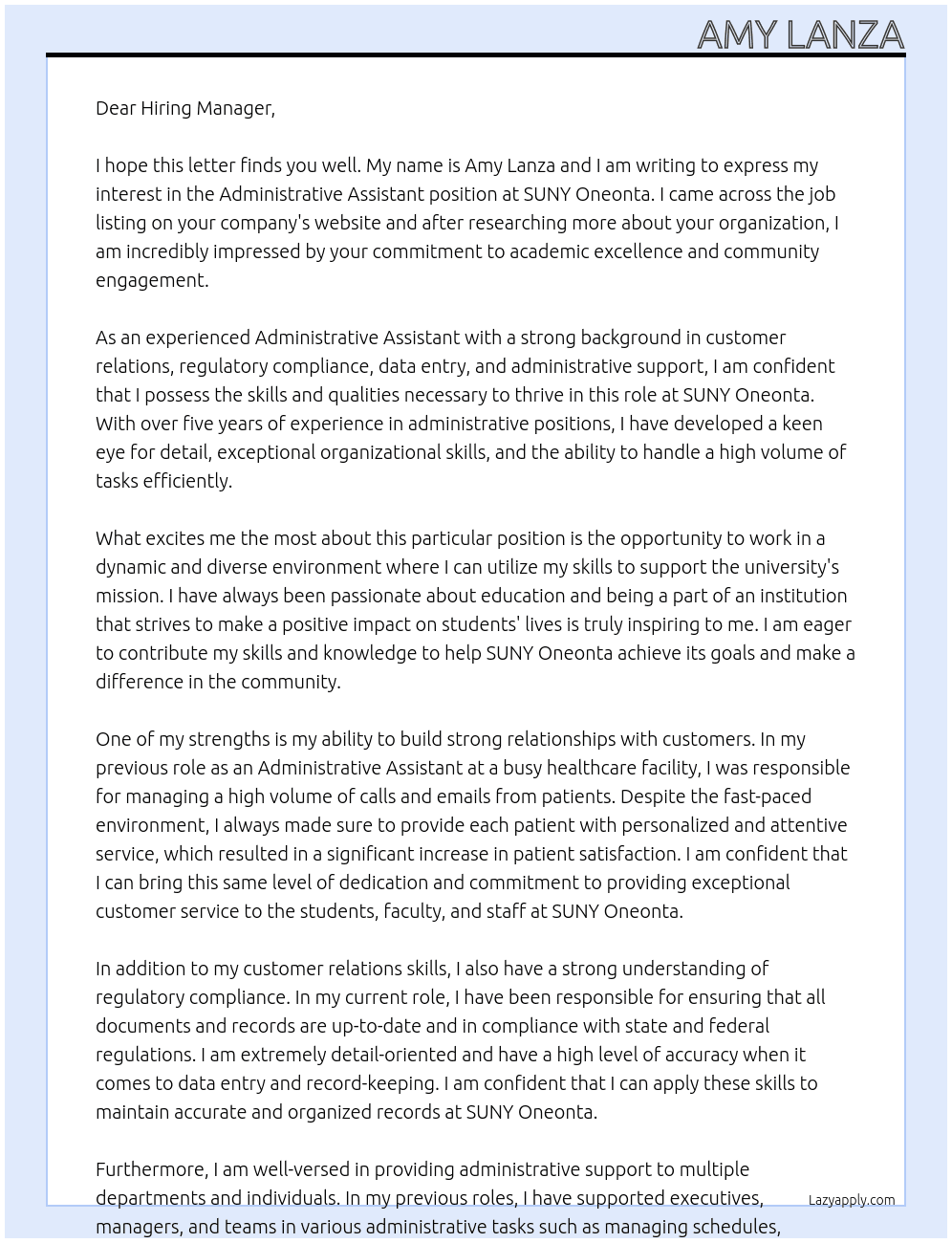 Administrative Assistant At SUNY Oneonta Cover Letter