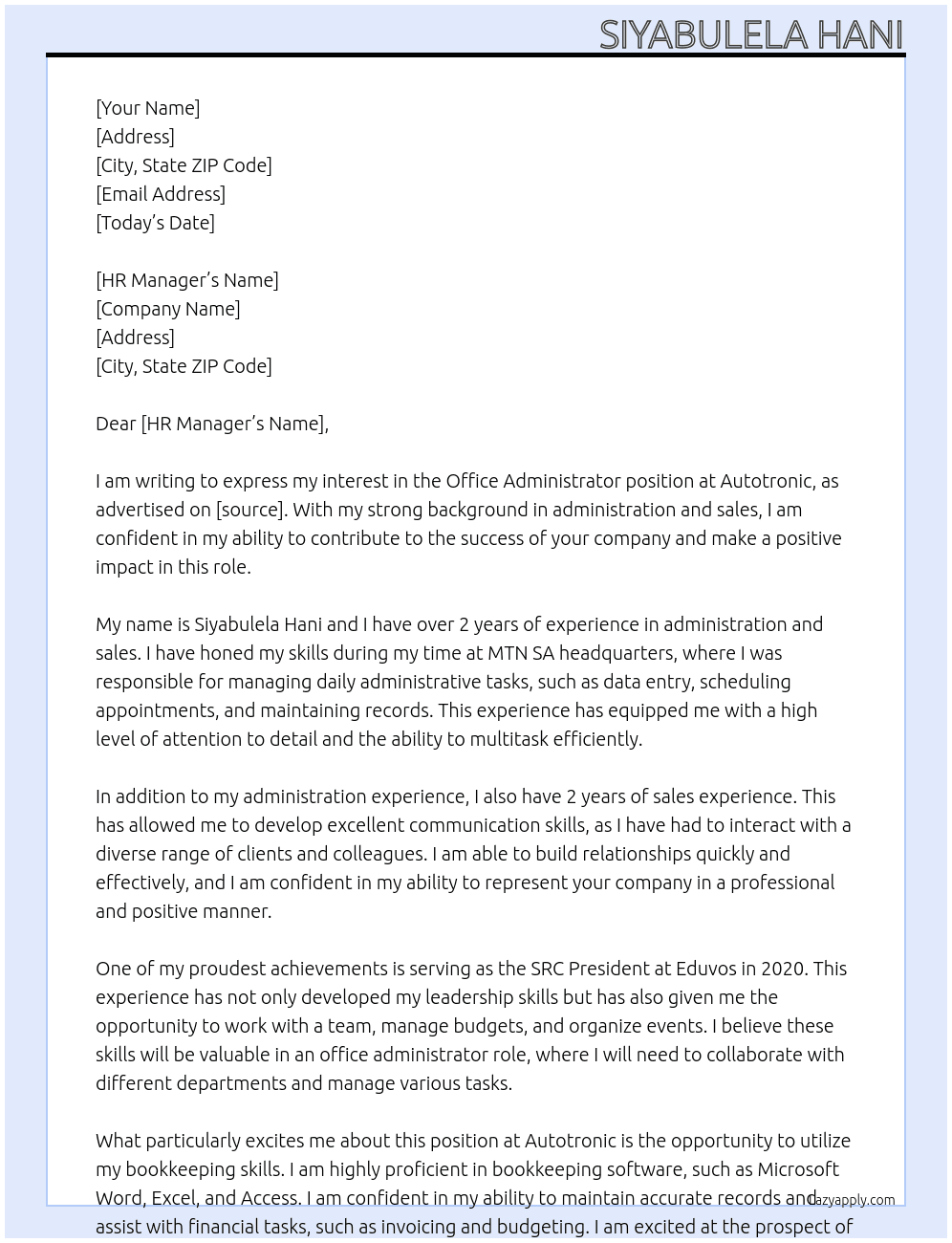 Office Administrator At Autotronic Cover Letter