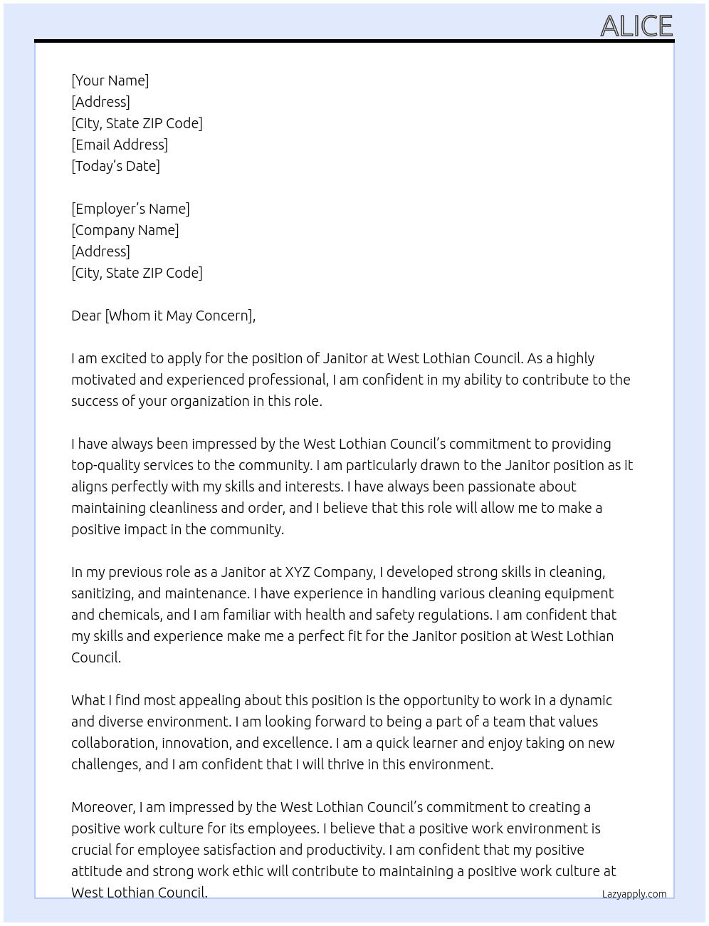 Janitor  At West lothian council  Cover Letter