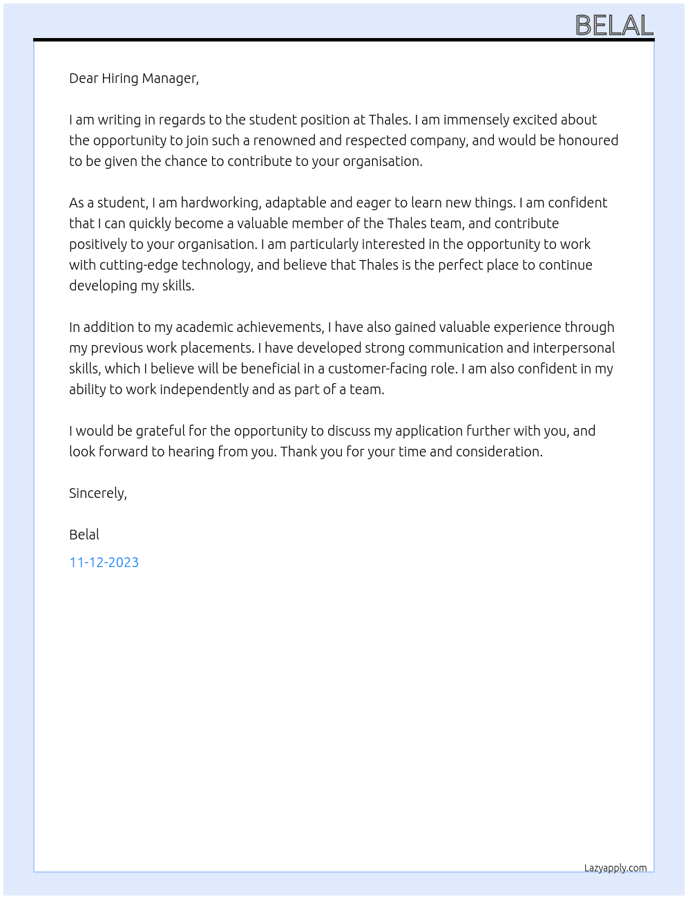 Student At Thales Cover Letter