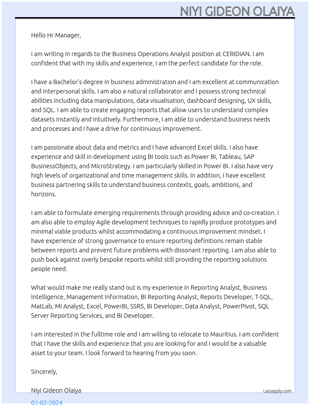  Business Operations Analyst At CERIDIAN Cover Letter
