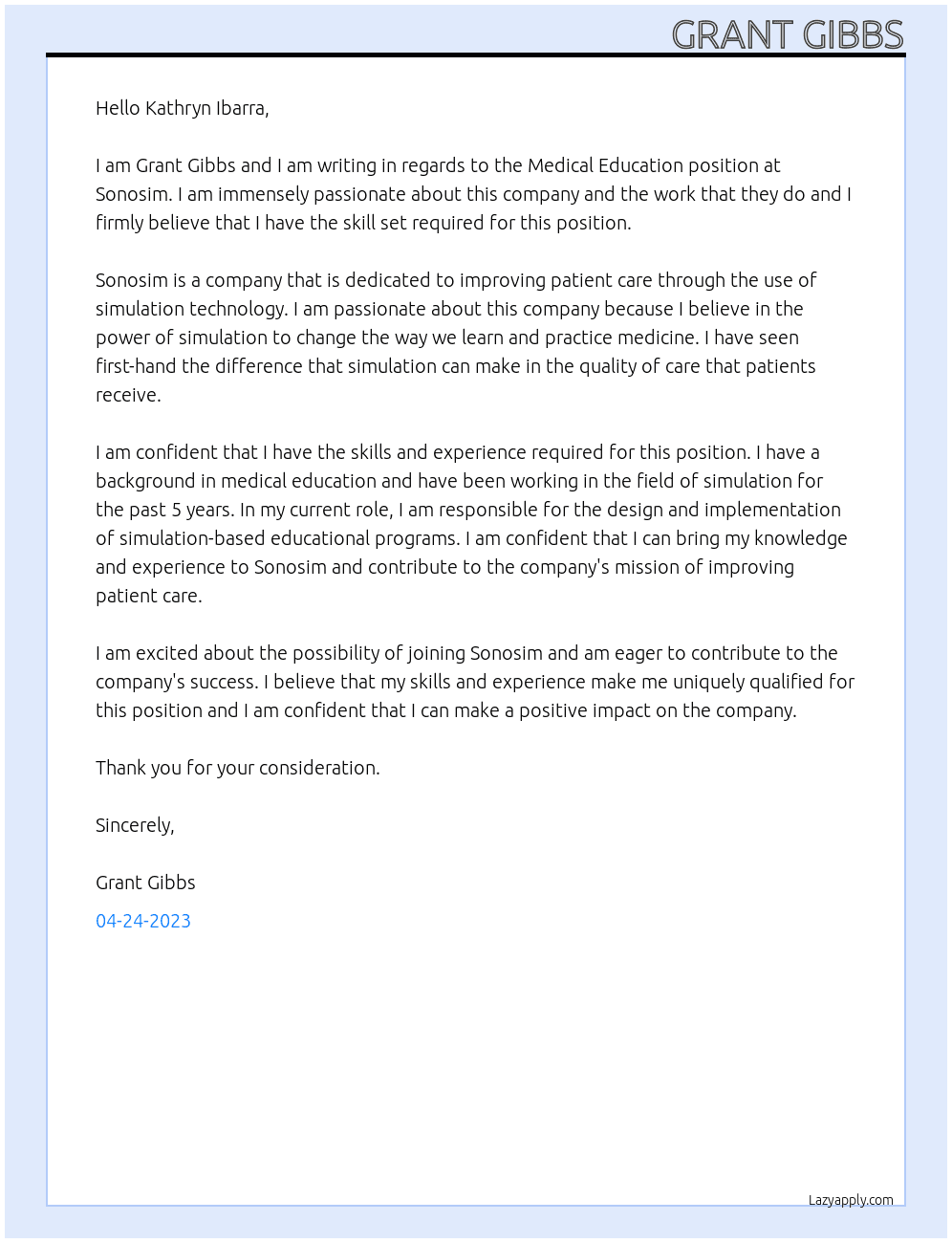 Medical Education At Sonosim Cover Letter