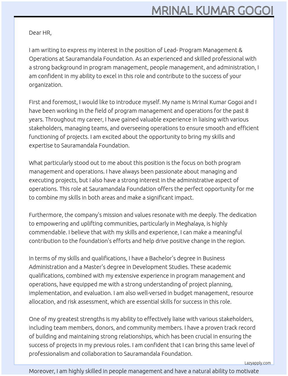 Lead- Program Management & Operations At Sauramandala Foundation Cover Letter