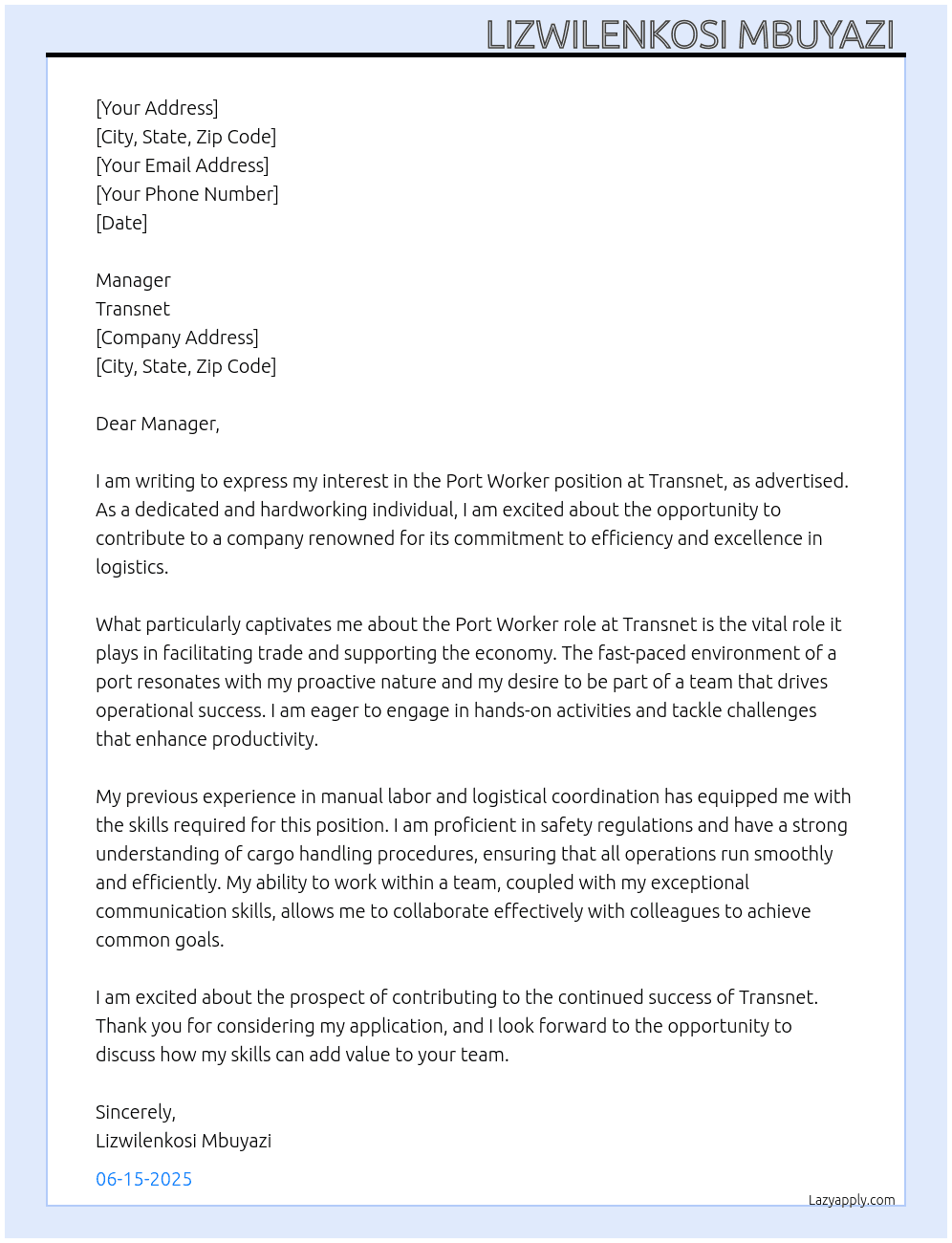 Cover letter for port worker - LazyApply