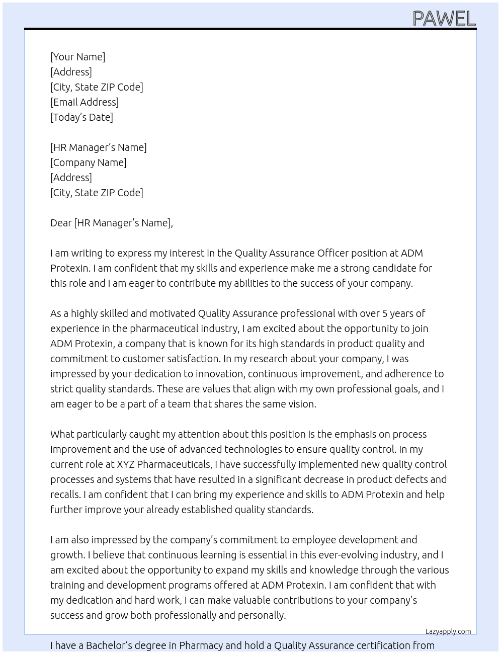 quality assurance officer At ADM Protexin Cover Letter