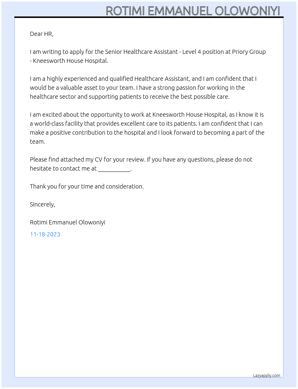 Senior Healthcare Assistant - Level 4 At Priory Group - Kneesworth House  Hospital  Cover Letter