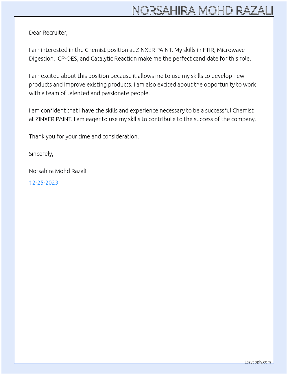 Chemist At ZINXER PAINT Cover Letter