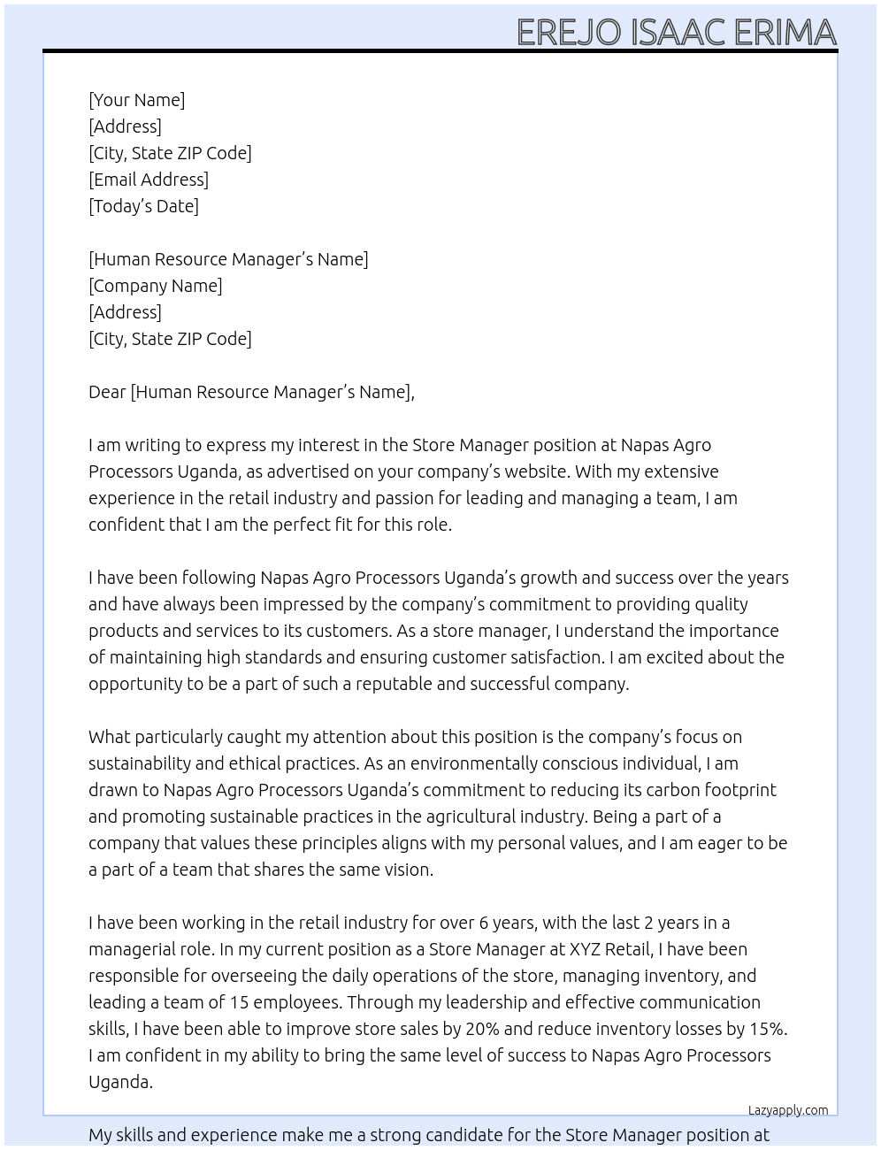 Store Manager  At Napas Agro Processors Uganda  Cover Letter