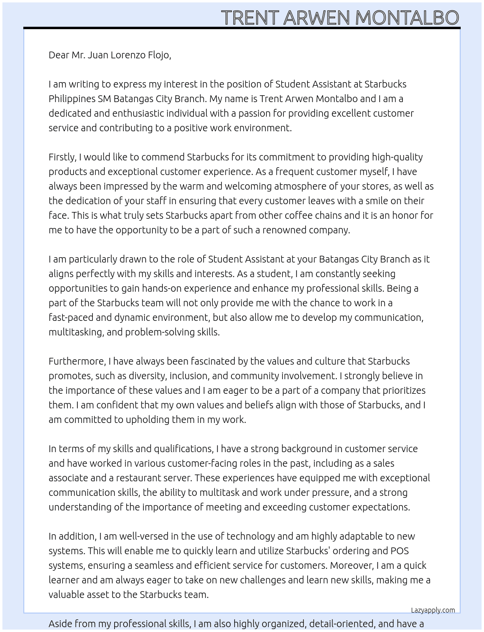 student assistant At Starbucks phillipines SM Batangas City Branch Cover Letter