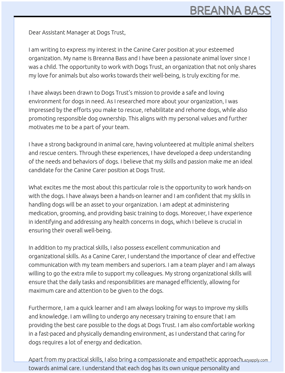 canine carer At Dogs Trust Cover Letter