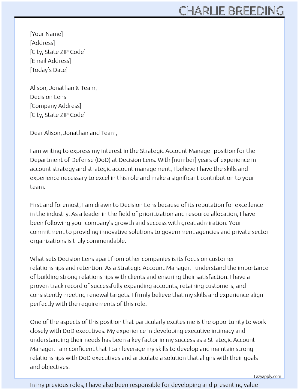 Strategic Account Manager, DoD At Decision Lens Cover Letter