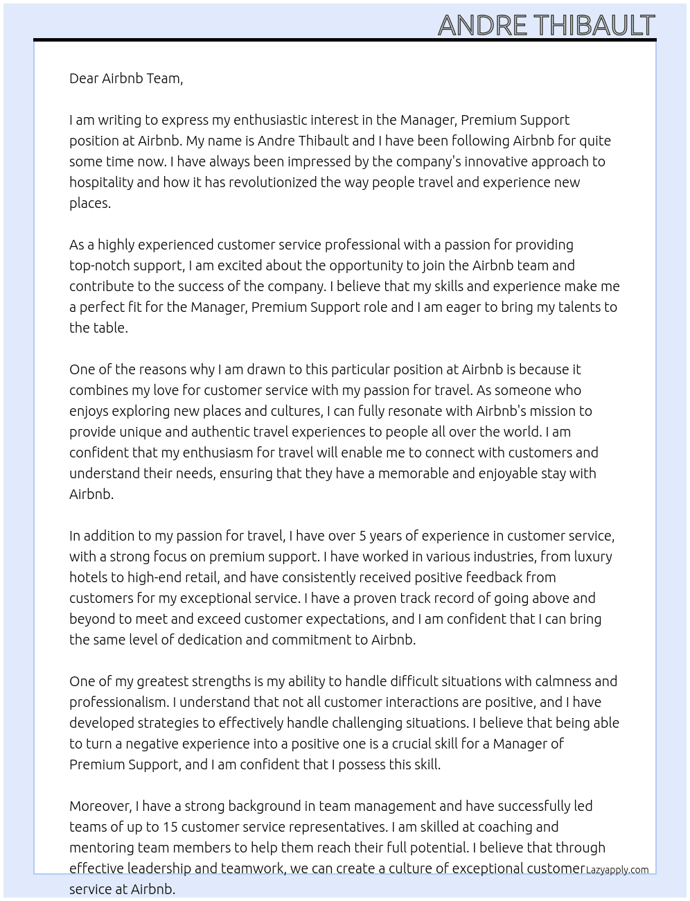 Cover letter for manager, premium support - LazyApply
