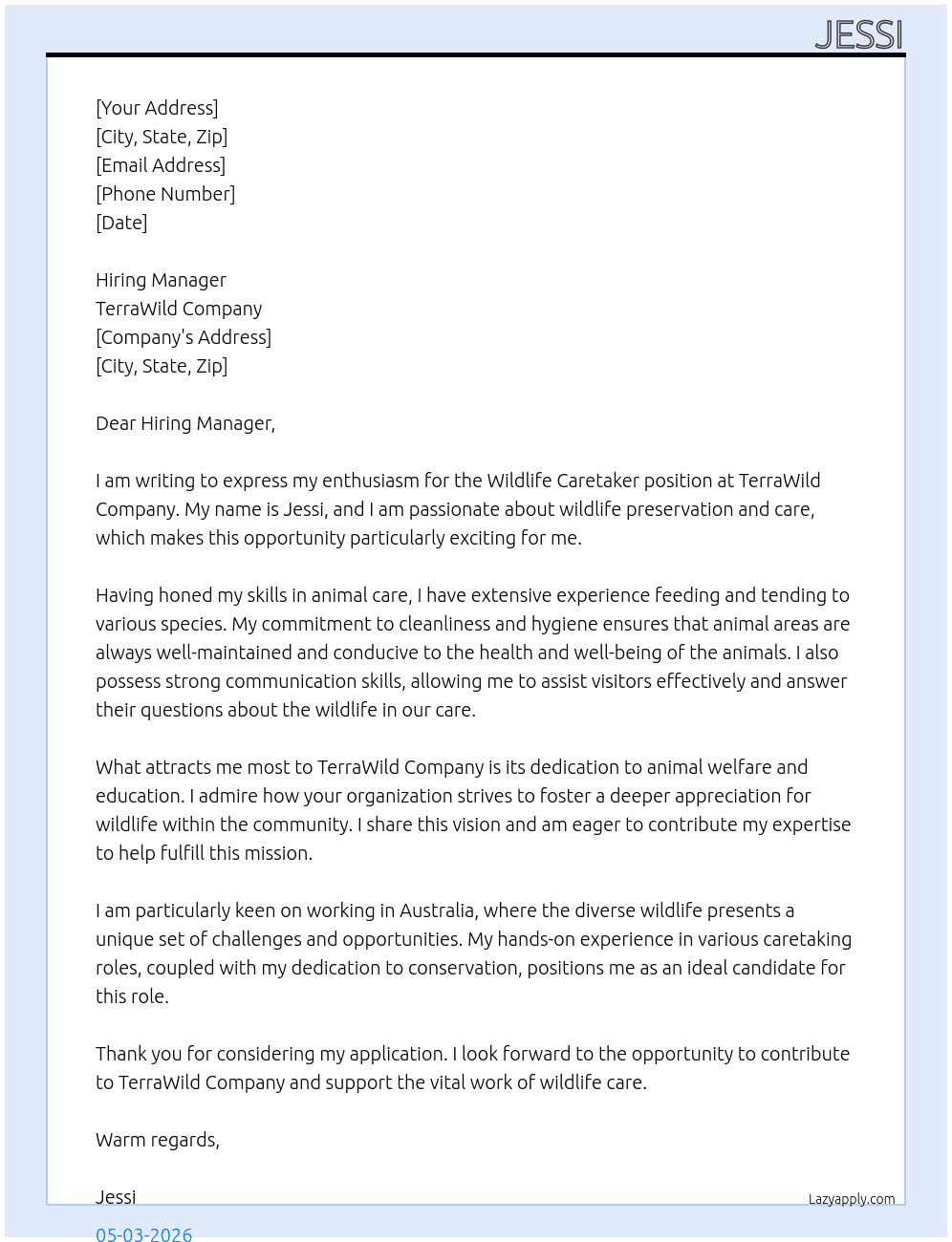 wildlife caretaker At TerraWild Company Cover Letter