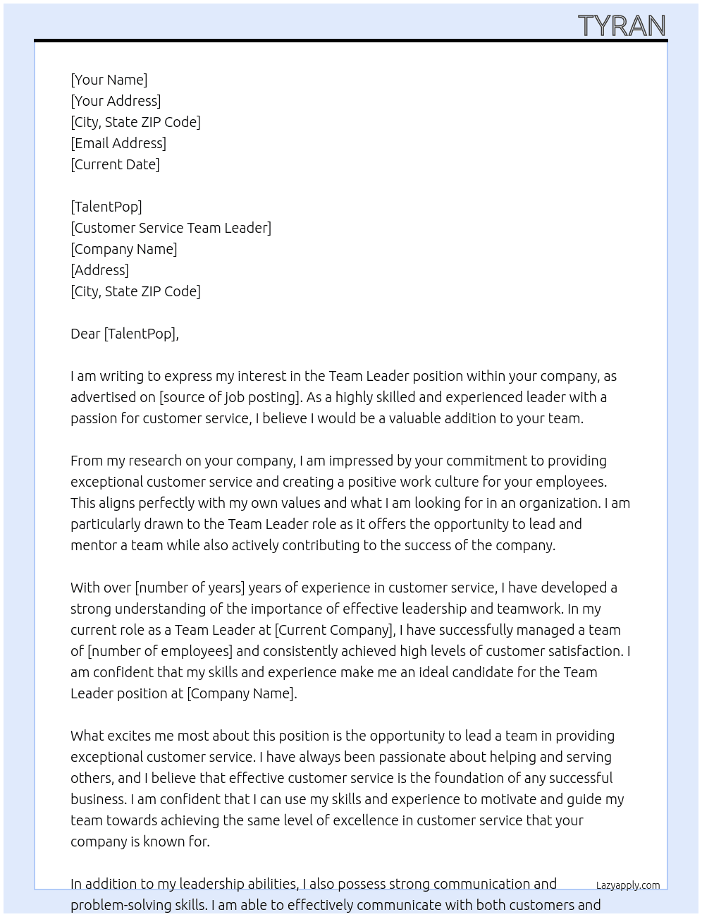 Team Leader At Customer Service Team leader Cover Letter