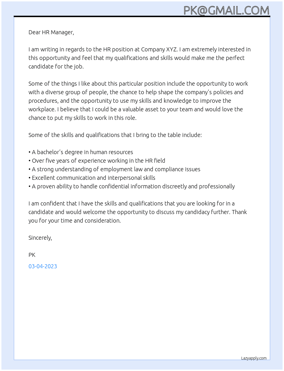 hr At pr Cover Letter