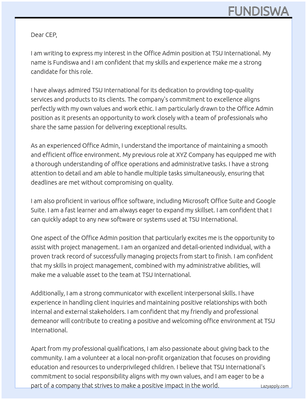 Office admin  At TSU international  Cover Letter