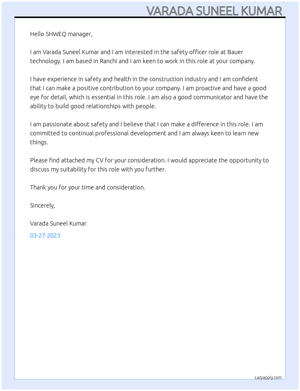 Safety officer  At Bauer techinologle  Cover Letter