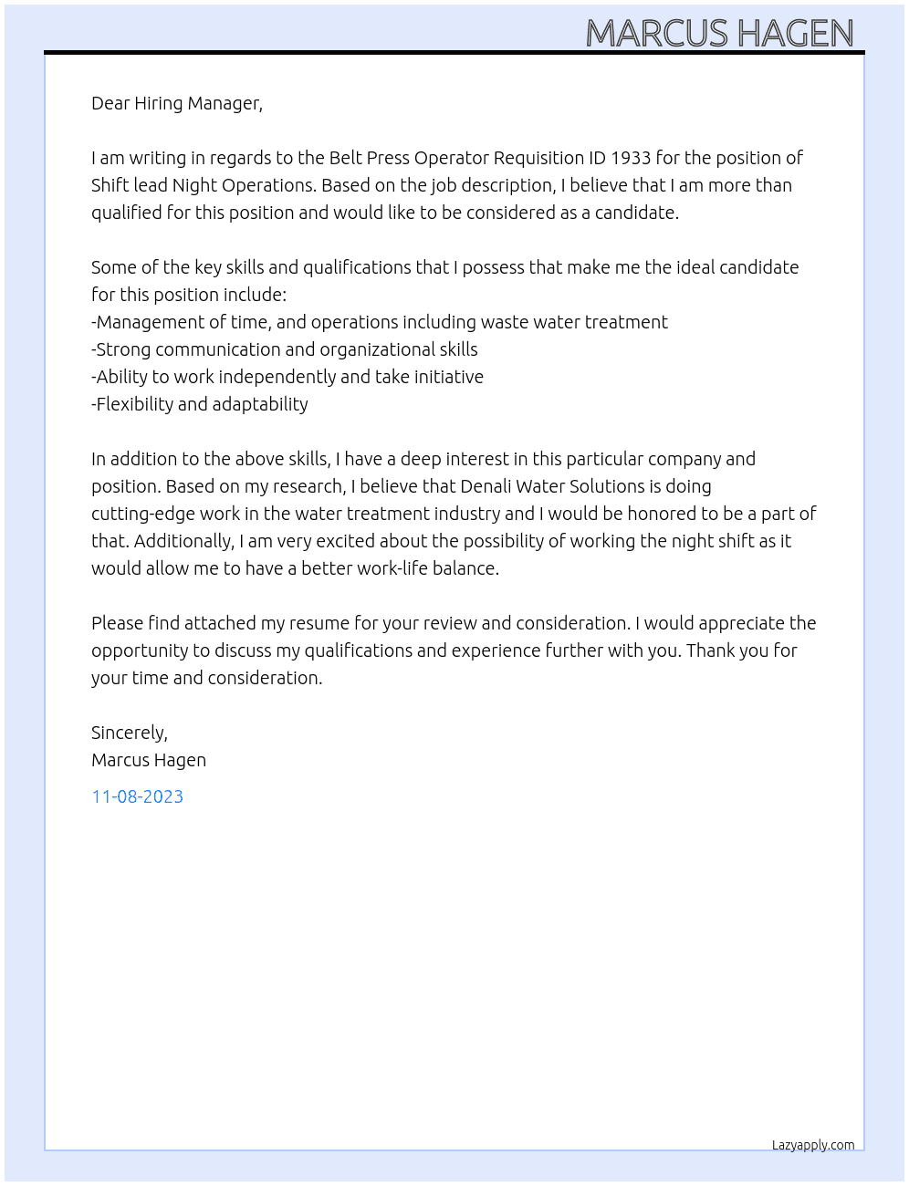 Shift lead Night Operations  At Denali Water Solutions Cover Letter