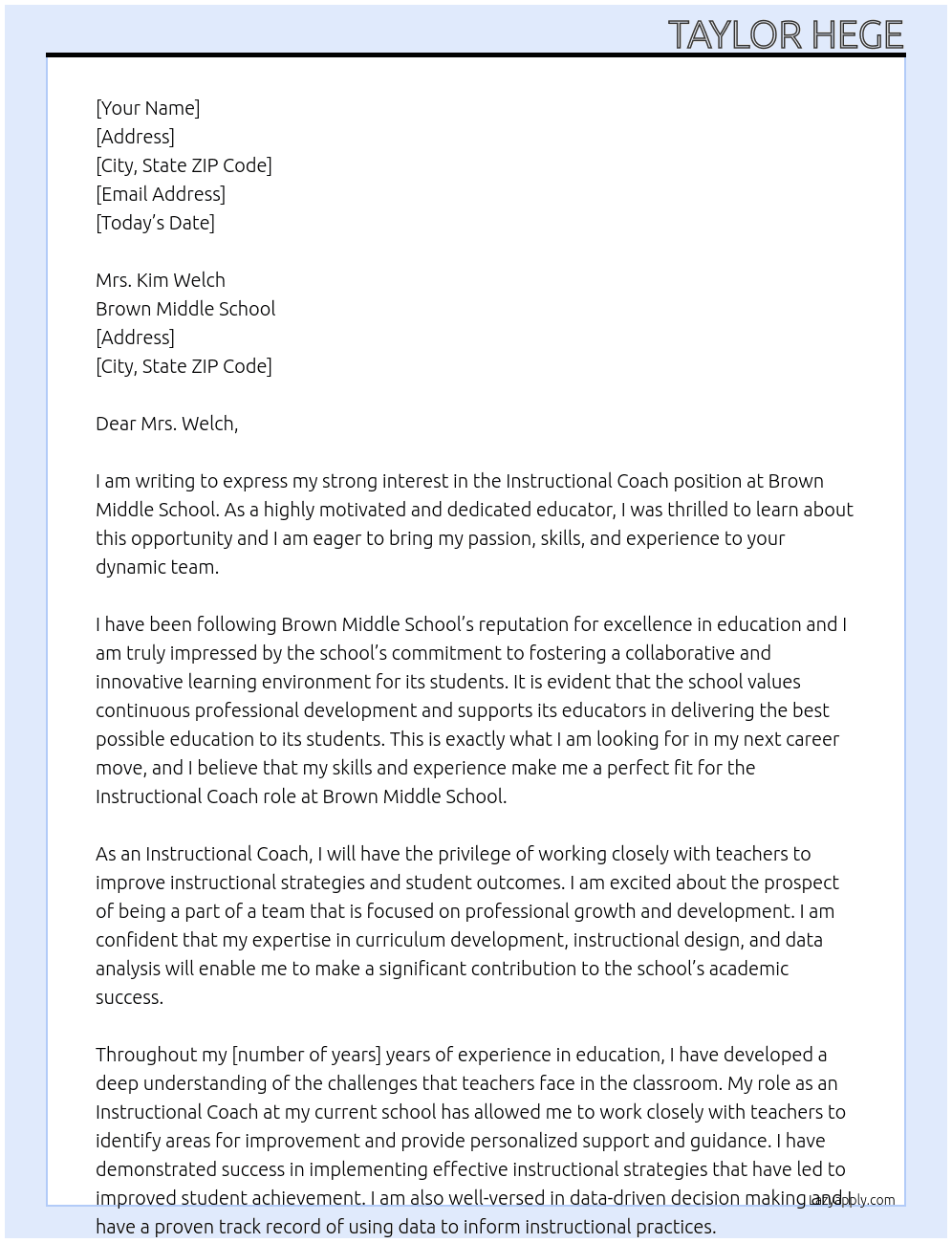 Instructional Coach At Brown Middle School Cover Letter