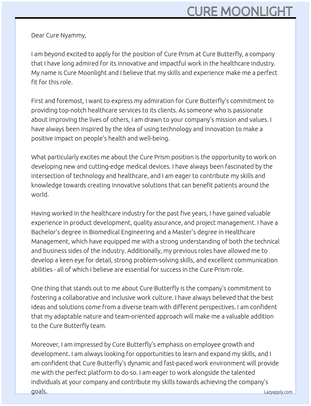 Cure prism  At Cure butterfly  Cover Letter