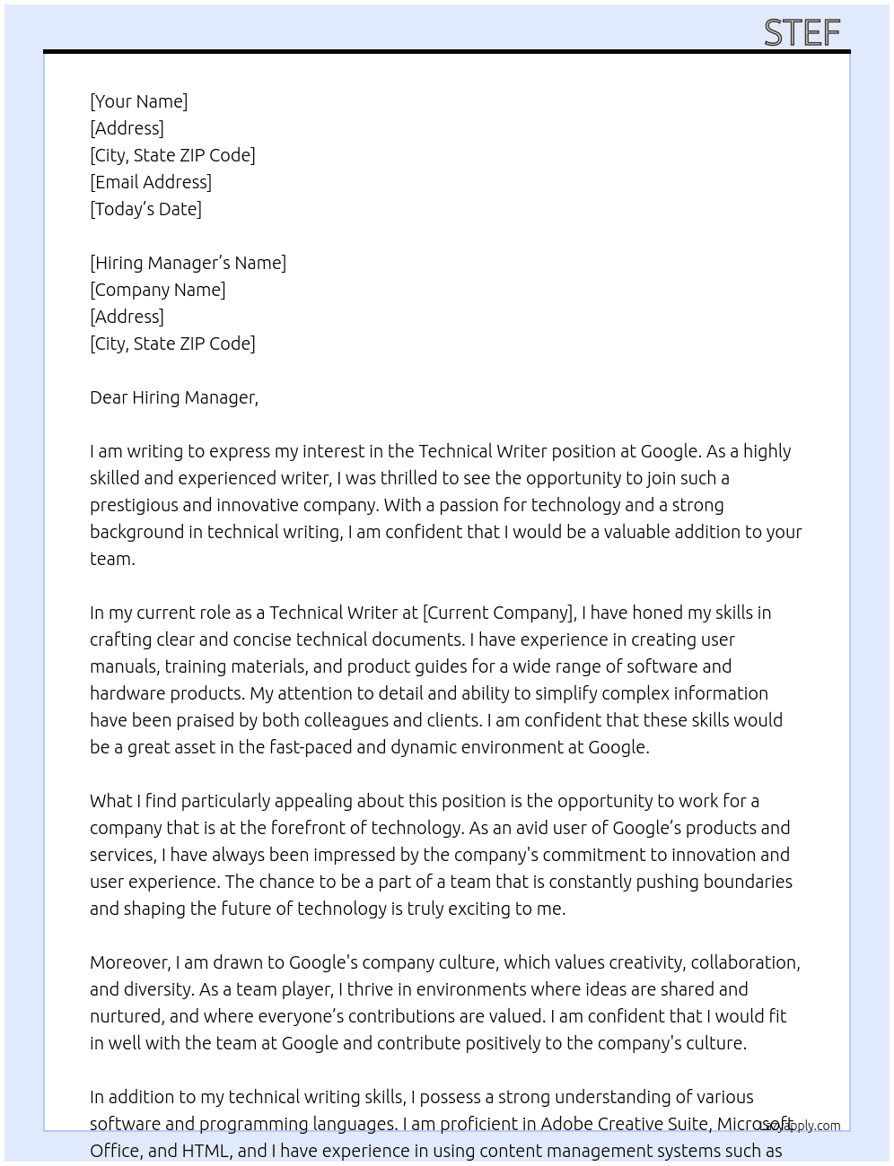 Technical Writer At Google Cover Letter