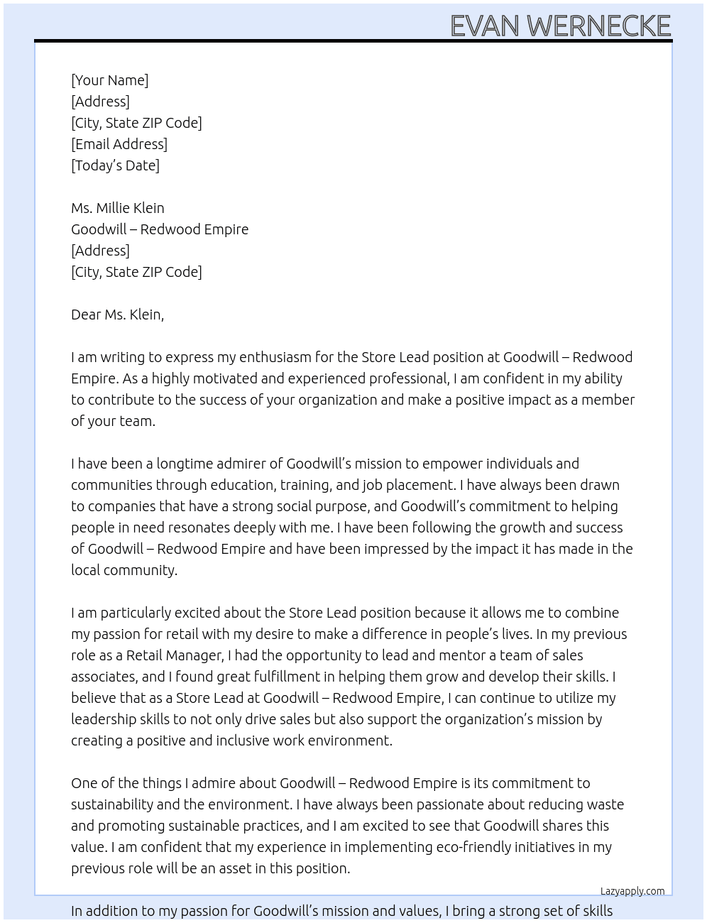 Store Lead At Goodwill - Redwood Empire Cover Letter
