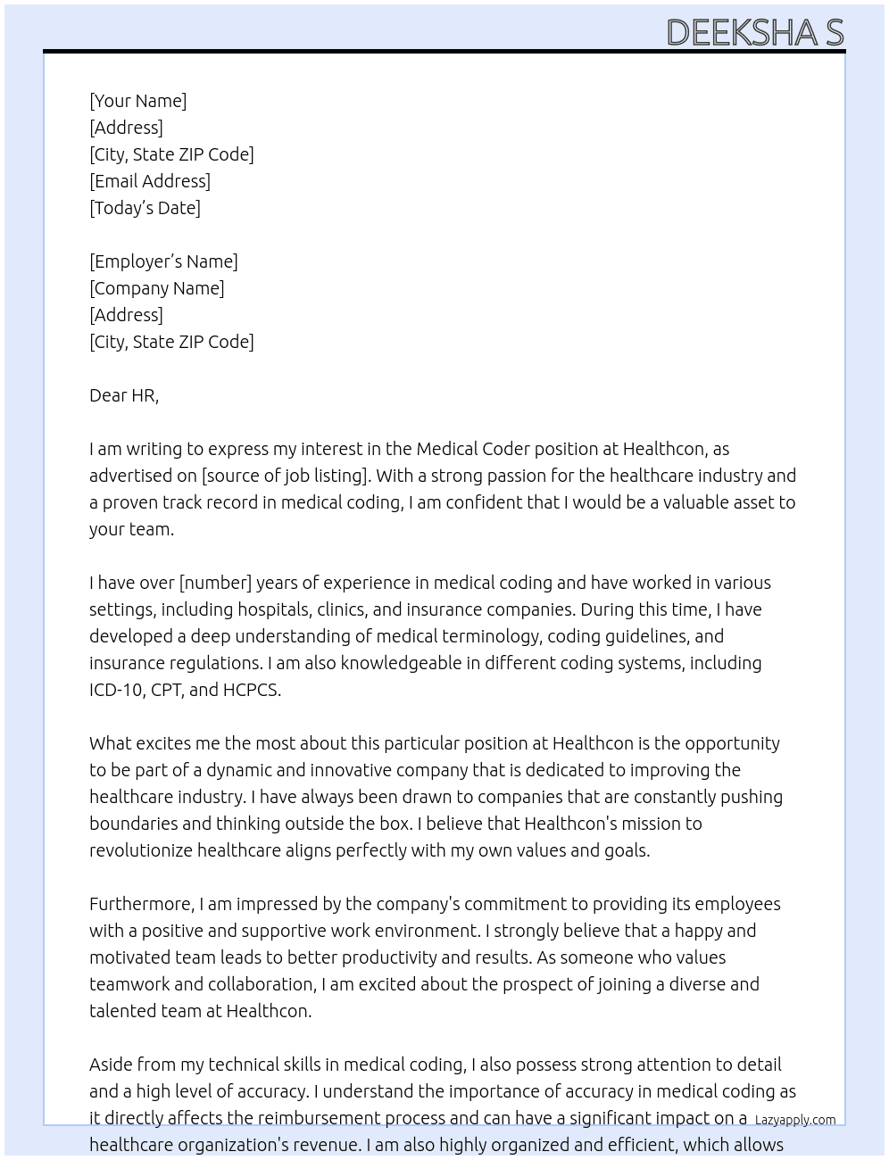 Medical coder At Helathcon Cover Letter