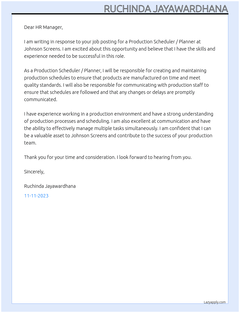 Production Scheduler / Planner At Johnson Screens Cover Letter