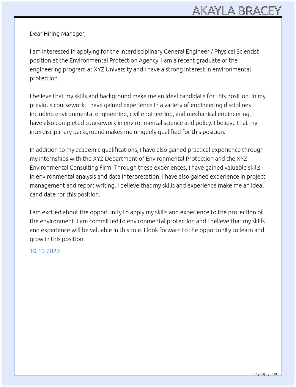 Interdisicplinary General Engineer / Physical Scientist At Environmental Protection Agency  Cover Letter