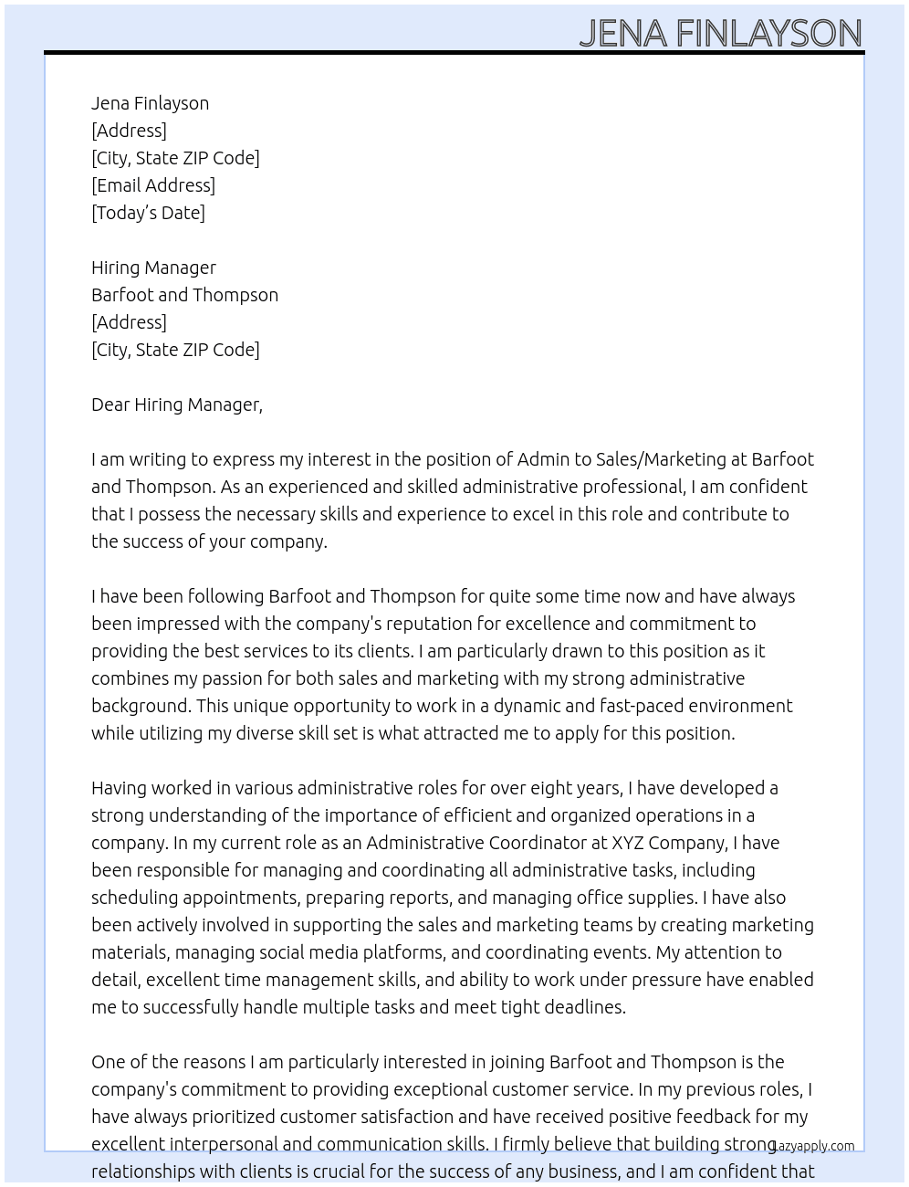 Admin to sales/marketing At Barfoot and Thompson Cover Letter