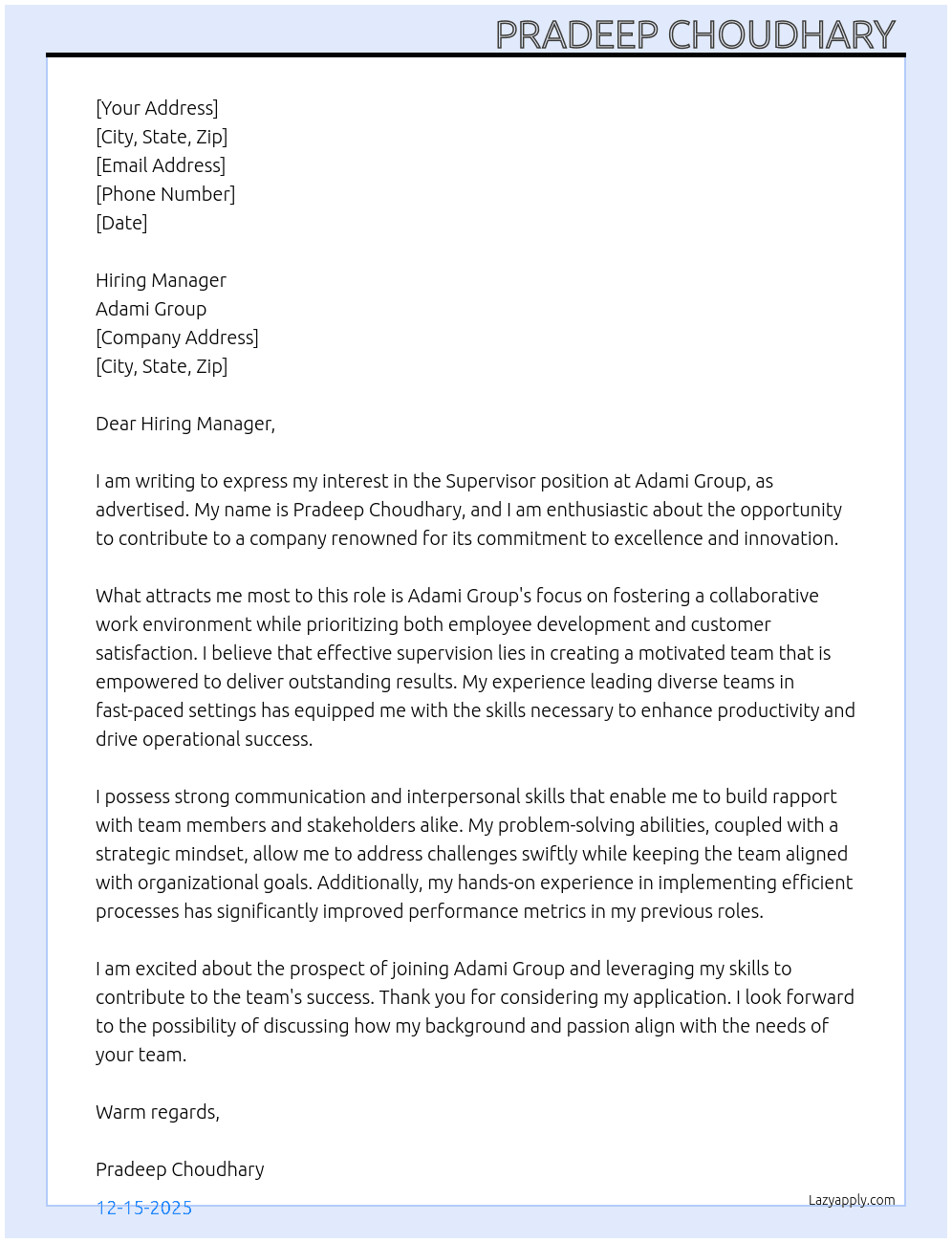 Supervisor  At Adami group  Cover Letter