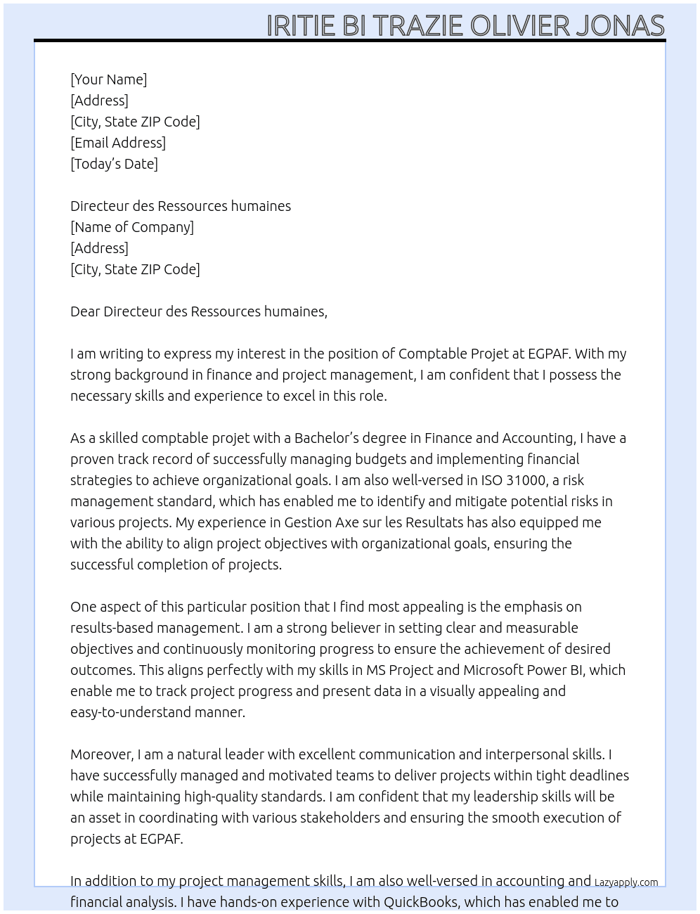 comptable projet At EGPAF Cover Letter