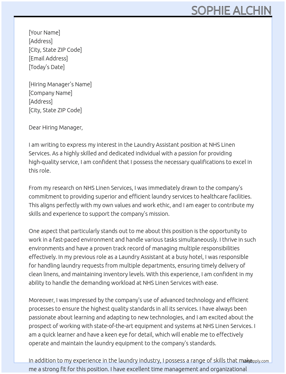 Laundry assistant  At NHS Linen Services Cover Letter
