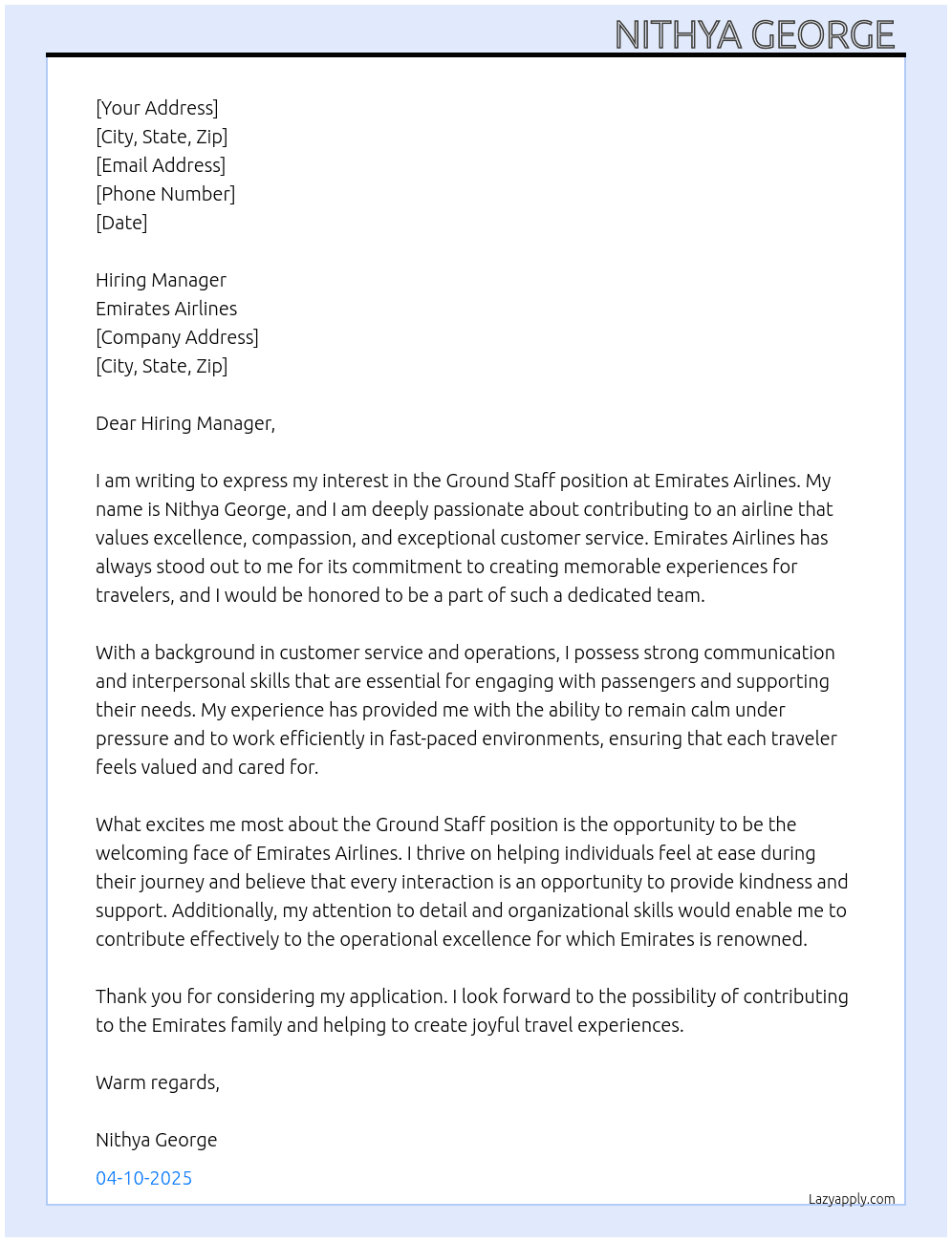 Ground staff At Emirates Airlines  Cover Letter