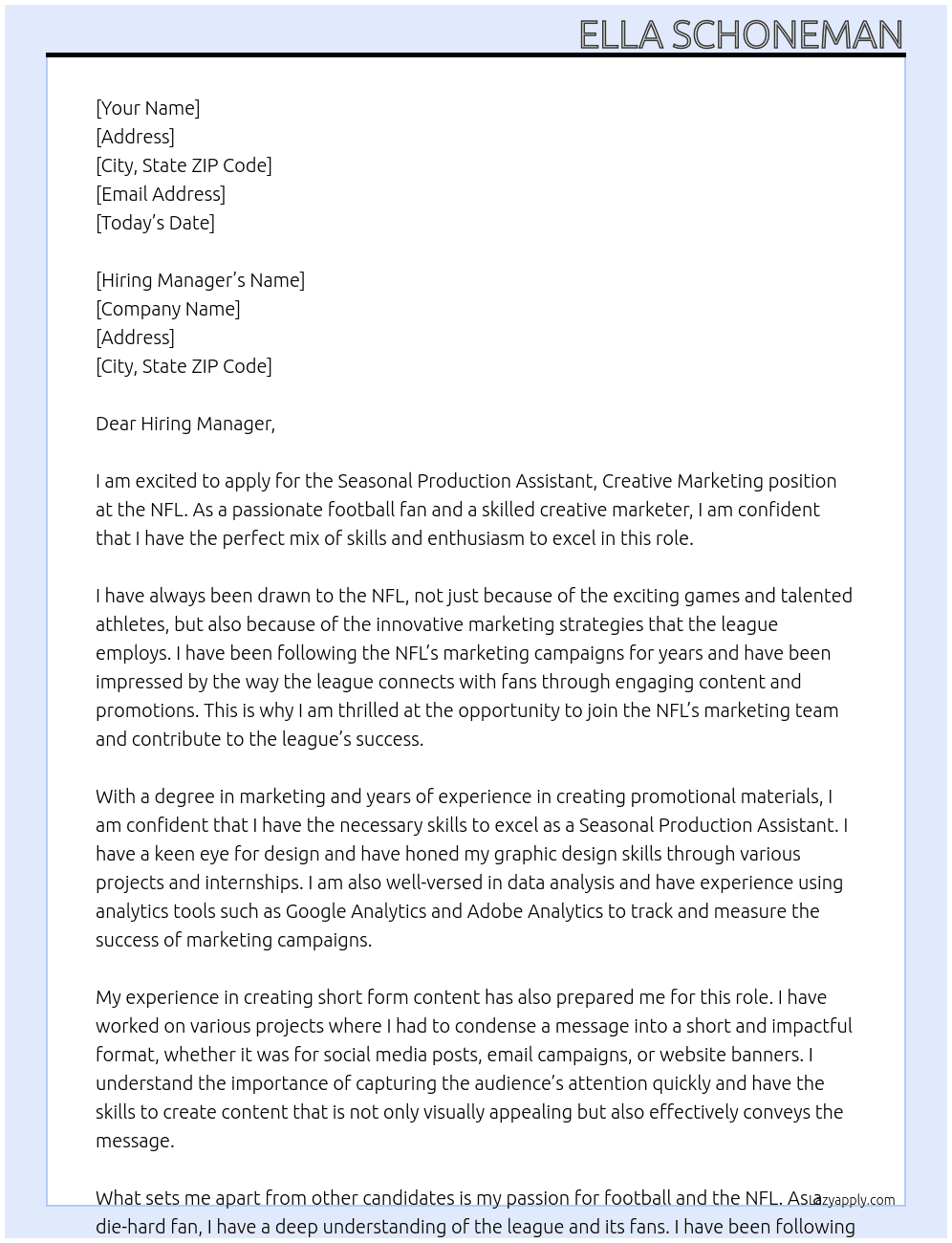 Seasonal Production Assistant, Creative Marketing At NFL Cover Letter