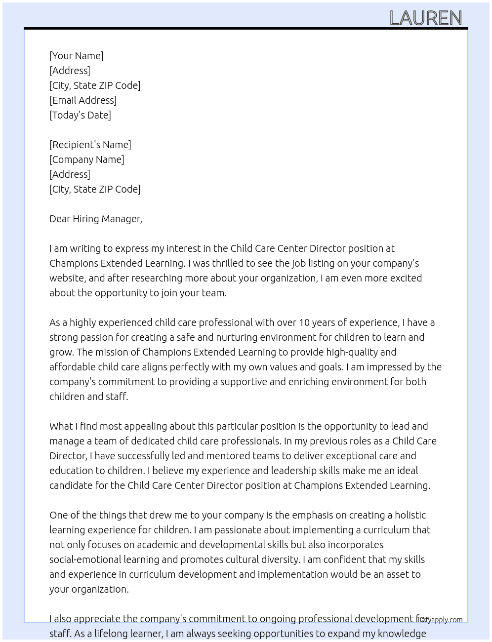 Child Care Center Director  At Champions Extended Learning  Cover Letter
