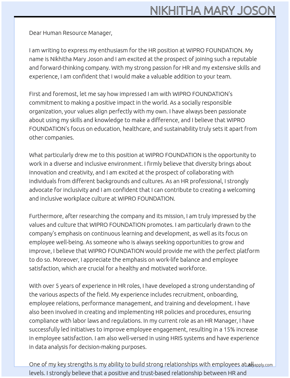 HR At WIPRO FOUNDATION Cover Letter