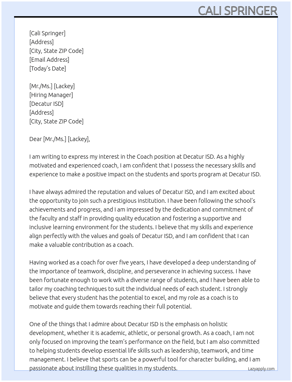 Coach  At Decatur ISD  Cover Letter