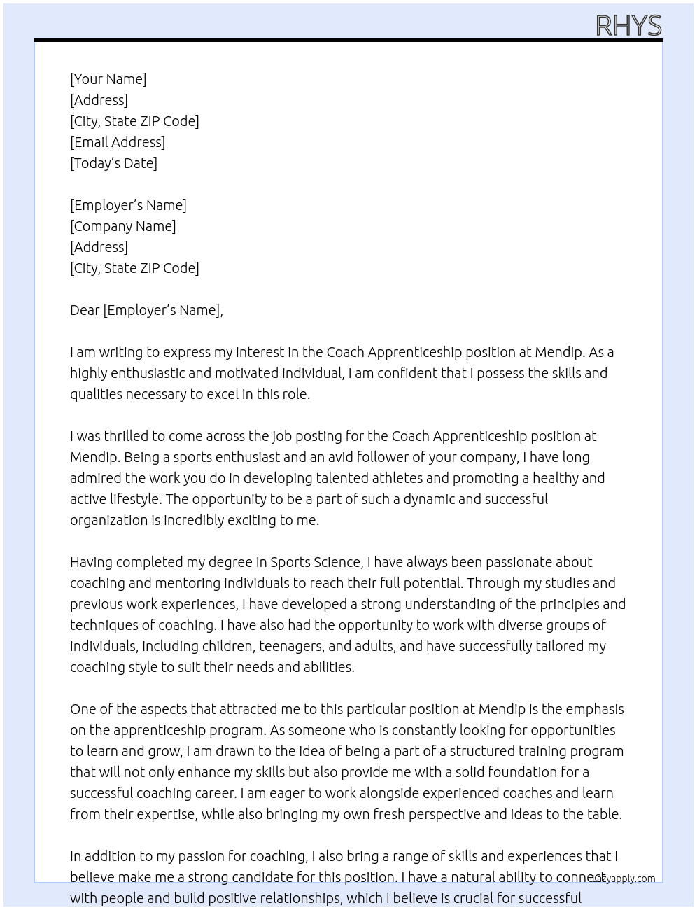 Coach apprenticeship At Mendip Cover Letter